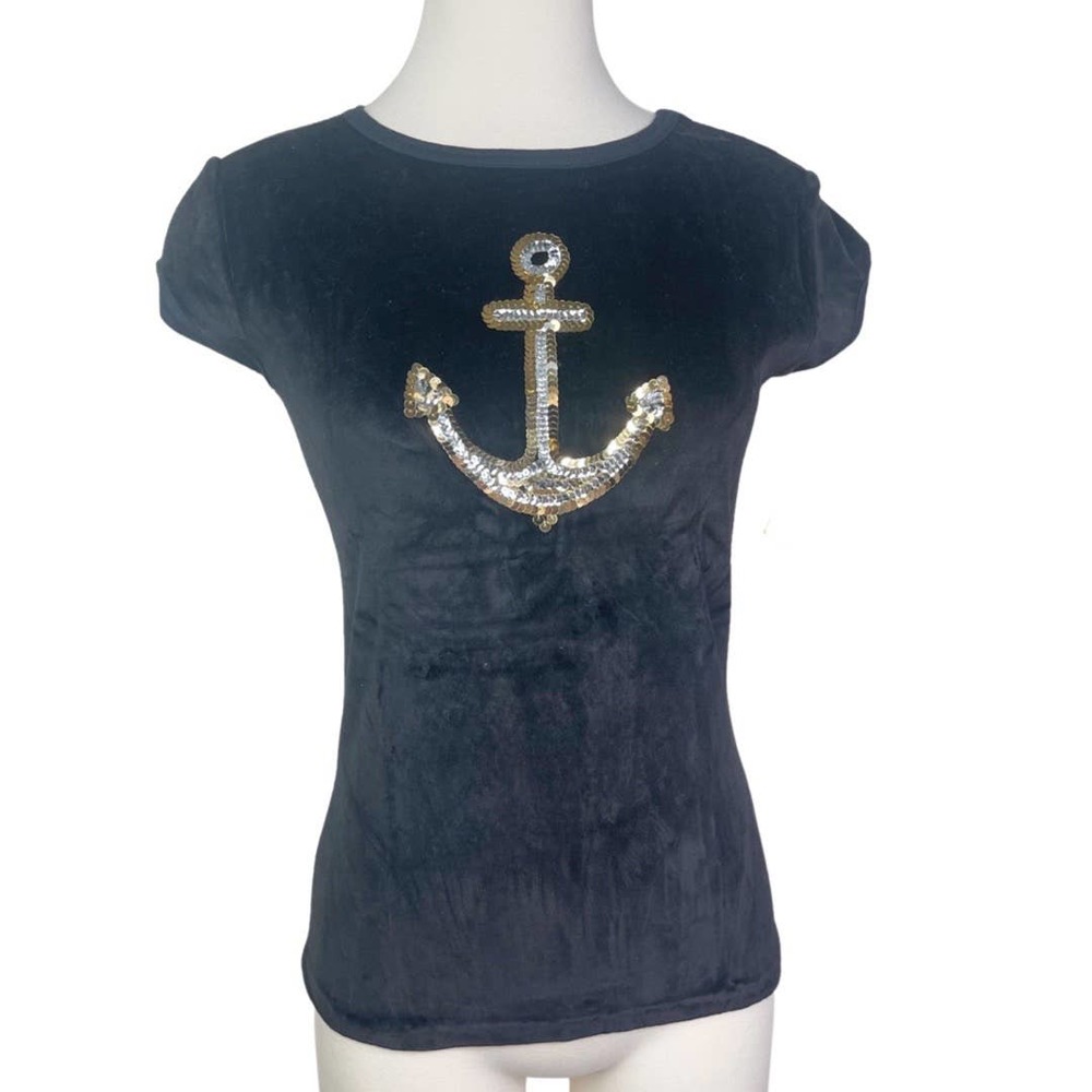 Liz Claiborne Vintage Velvet Sequin Anchor Tee Deadstock Union Tag 1980s - Picture 1 of 9